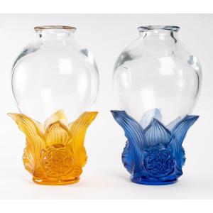 Maison Lalique, Pair Of "orthensia" Vase, 