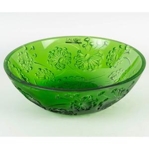 Maison Lalique France Green Bowl With Dandelion Flower Decor