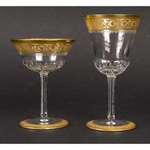 Cristallerie Saint Louis Thistle Model 16 Champagne Coupes And 16 Red Wine Glasses