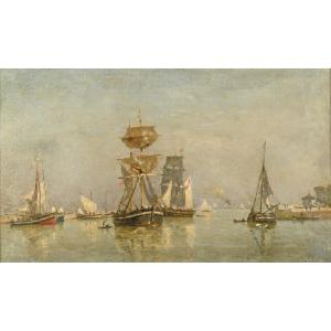  Louis-alexandre Dubourg (1821 - 1891) Sailing Ship In Honfleur Harbor