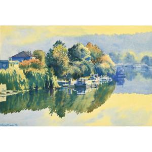 Alain Azemar (1953-1998) :the Seine At Bougival, In The Evening