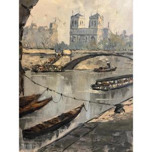Tableau, Paris Notre-dame Au Bord De La Seine. Signé Illisible 