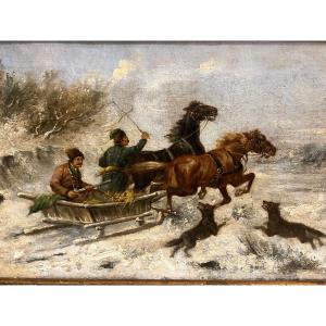 Tableau, Les Loups Attaquent Un Traîneau, Des Chasseur  Russe. 