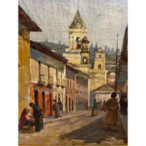 Tableau, école Amériques Latine. Rue  Animée.