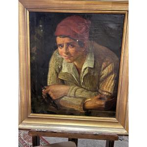 Tableau école Italienne Garçon Fumant Pipe.