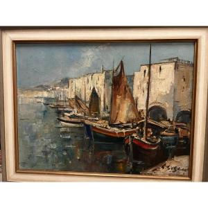 Tableau Signé Illisible Bateaux à Quai 