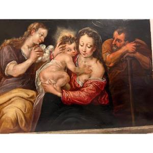 16th Century Painting, Holy Family, Oil On Panel. 