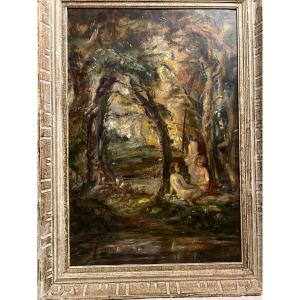 Painting Of Naked Women In The Forest. Oil On Cardboard 