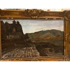 Painting Landscape In India, Oil On Wood. 