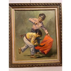 Painting Signed Luiz Amendolla, Child Playing Bullfighter. 