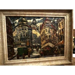 Illegible Signed Painting, Animated City. 