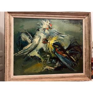 Painting Signed Roger 1915-2003, Battle Of Cocks. 
