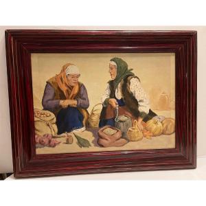 Turkish School Painting Signed Illegible 2 Women At The Market