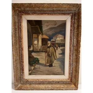 Turkish Painting Signed Illegible Conversation Of A Man With A Florist