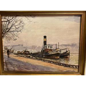 Watercolor Painting Signed A.deplanque, The Edge Of The River.