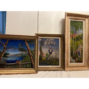 Three Erotic Paintings, Oil On Cardboard. 