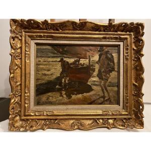 Signed Illegible Painting Fishermen Pulling The Boat, Carved Wooden Frame. 
