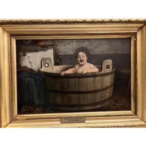 Painting Signed Bg, March 1901, Child Taking A Bath While Crying. 