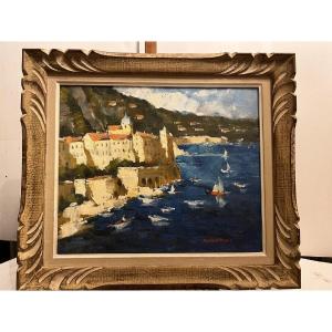 Painting Seaside Landscape (monaco?) Signed Illegible, Oil On Canvas. 