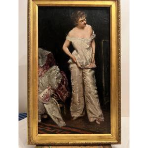 Painting Woman Taking Off Her Clothes Oil On Canvas.