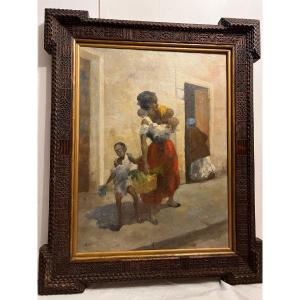 Painting Mother And Her Baby, Malagasy. Oil On Canvas.