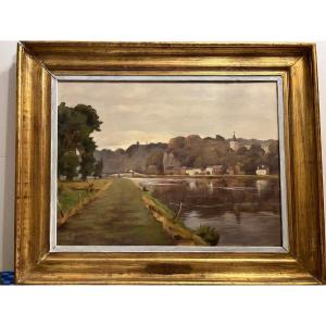 Painting Signed Charles Perrin, The Meuse At Visé, Belgium