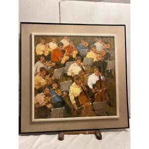 Illegible Signed Orchestra Painting, Oil On Canvas, Very Well Framed.