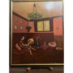 Painting Woman Reading A Book In Her Living Room, Oil On Canvas 