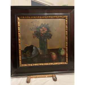 Painting Nature Mort Vase Of Flowers And Apples Signed Illegible. 