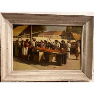 Market Scene Painting, Signed Illegible, Oil On Canvas 