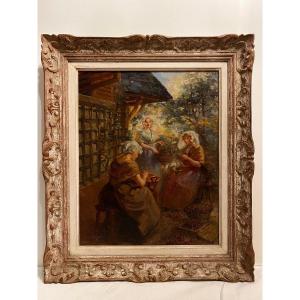 Painting Signed Claude Hugard, 1861. Plum Picking