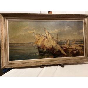 Painting Sailboats At Quay, Signed Raoul XIm.