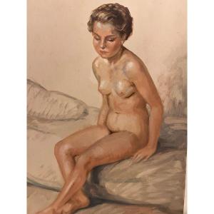 Painting Of A Young Naked Girl, Watercolor On Panel Circa 1930.
