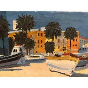 Painting Signed C.vacherat Edwards, Boats On The Beach.