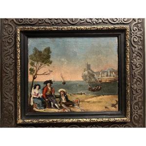Painting Lunch On The Beach 18th Century, Oil On Canvas, Beautiful Frame.