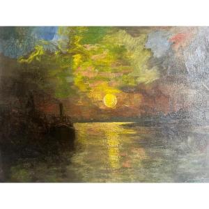 Landscape Painting Of A Boat Dock, Factory And Morning Sun.