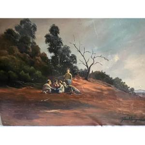 Oil Painting On Wood, Signed Illegible 19th Century.