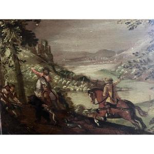Painting Bear Hunting, 18th Century Oil On Wood.