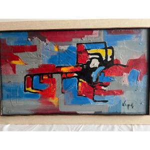 Illegible Signed Modern Painting, Oil On Wood.