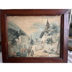 Painting Signed Illegible Dated, 1852 Watercolor, Animated Village. 