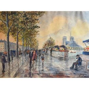 Painting The Booksellers Near Notre-dame, Signed Illegible Pastel On Paper.