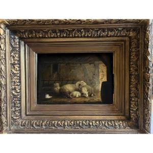 Painting By Charles Jacques, The Sheepfold, Oil On Panel.