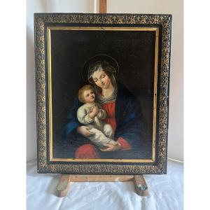 19th Century Virgin And Child Painting, Oil On Canvas Mounted.
