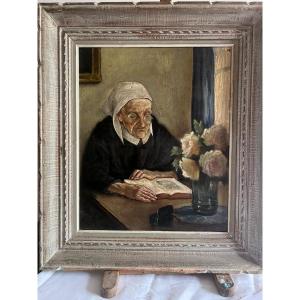 Painting Of A Breton Woman, Oil On Plywood, 20th Century.