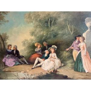 Painting Park Animated By The People Of The Castle, Oil On Canvas.