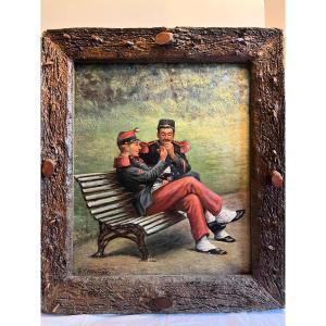 Painting Soldiers Resting, Signed Illegibly. 