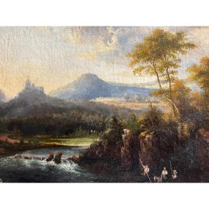 Beautiful Animated Landscape Painting, Fishermen On The Riverbank, Circa 1800, Very Good Frame. 