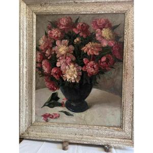 Monogrammed And Dated Painting, Vase Of Flowers, Russian School. 