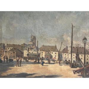 Painting Of A Lively Village Square, Oil On Canvas, Signed Bernard.