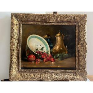 Painting Signed Leroy Still Life With Fruit And Coffee Pot
